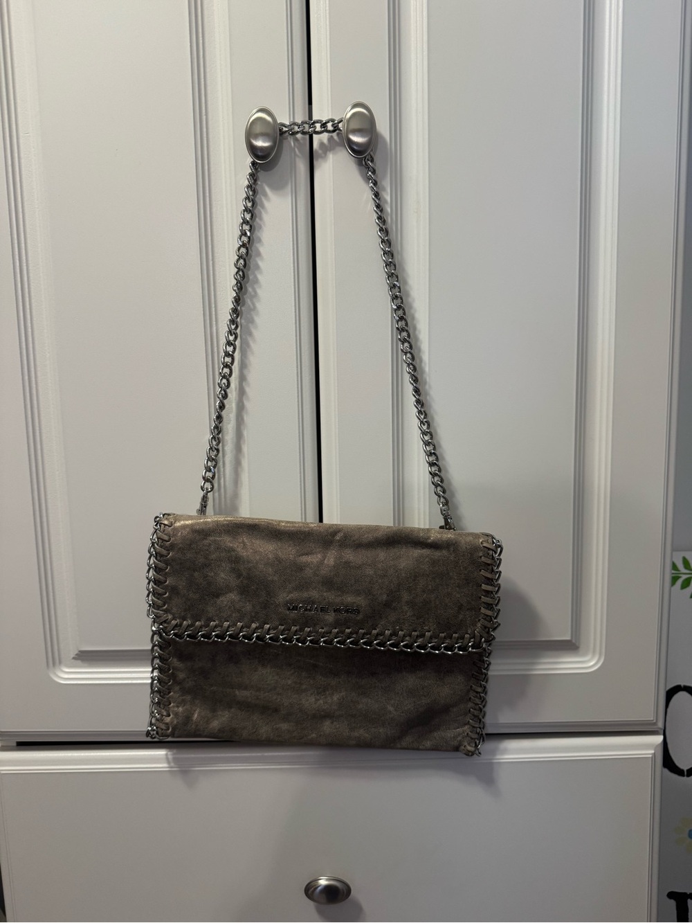 Michael Kors Metallic Gray Fold-Over Shoulder Bag